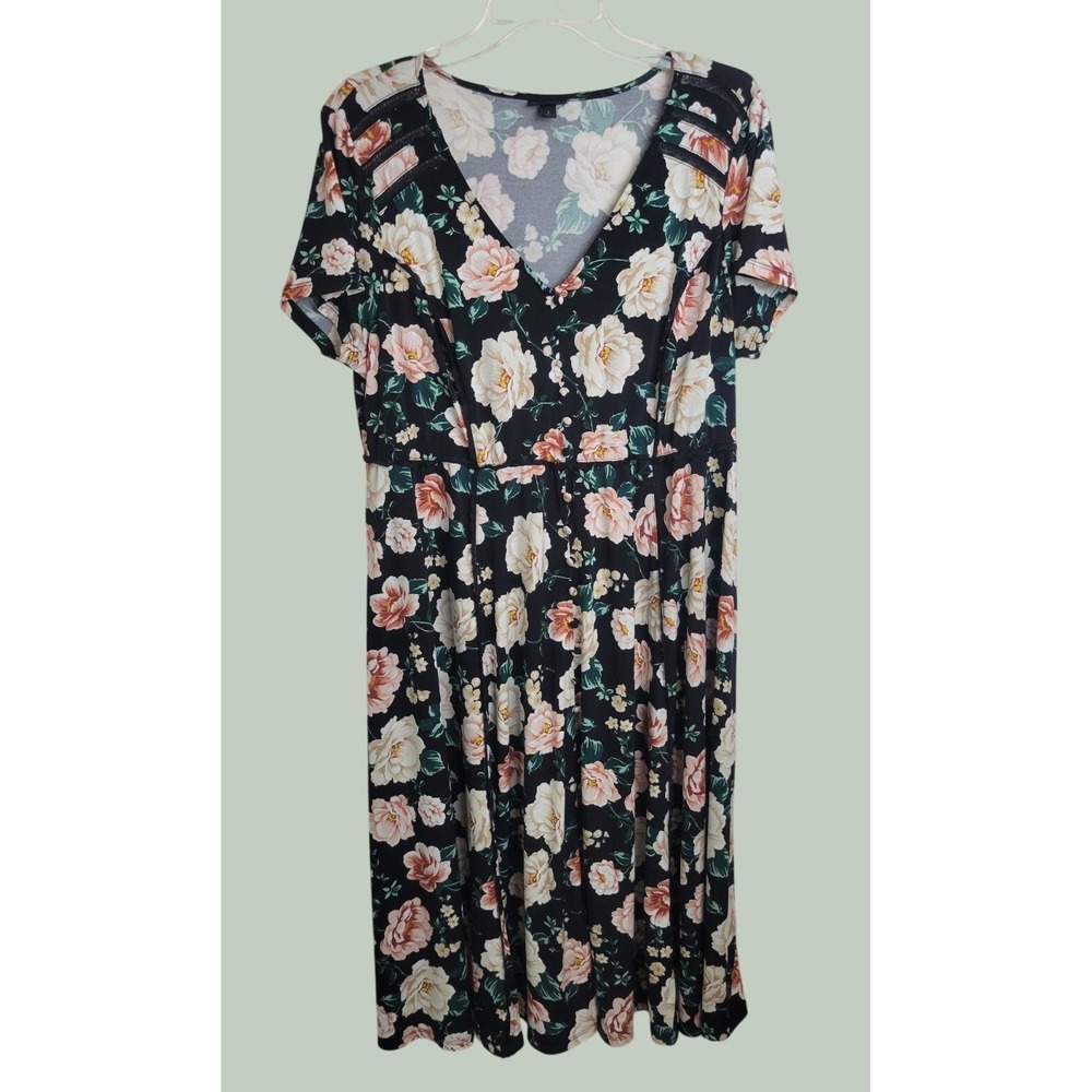 Torrid Midi Dress Floral V-Neck Button Boho Cottagecore Black Pink Plus Size 1